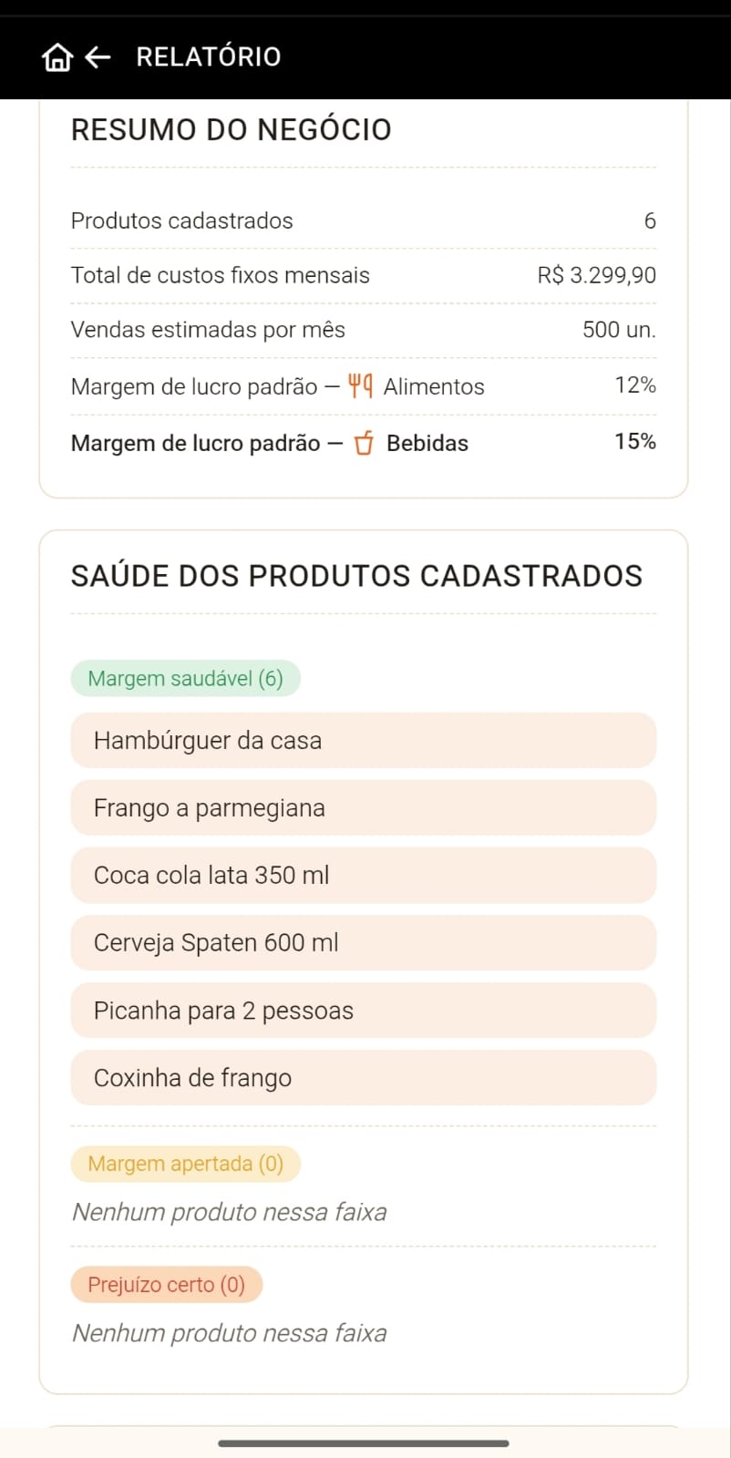 Relatório de saúde dos produtos cadastrados no ChefCONTROL