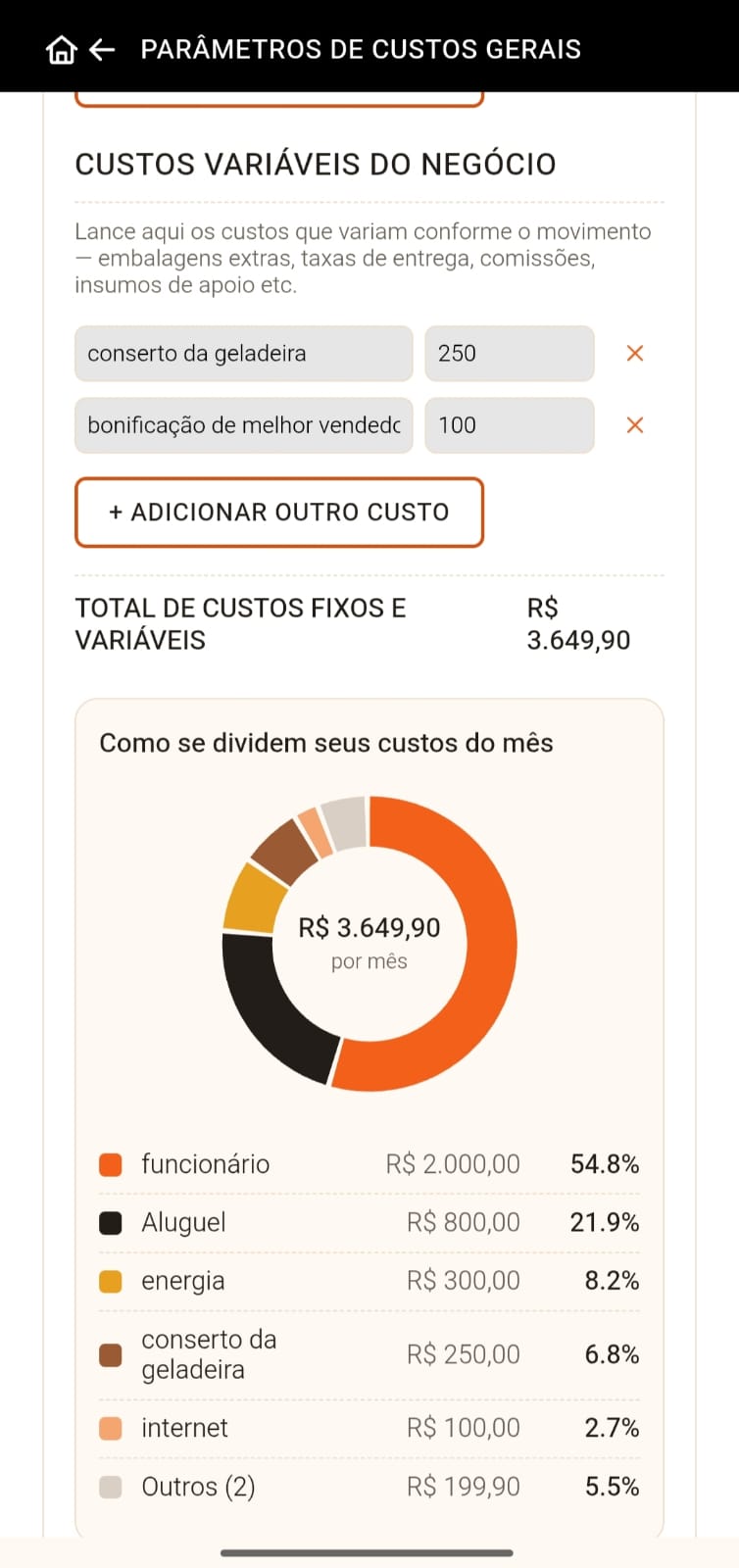 Tela Parâmetros de Custos Gerais do ChefCONTROL com a divisão dos custos do mês