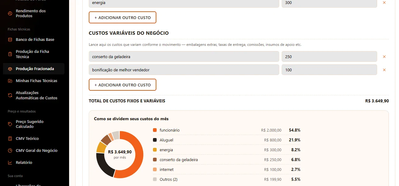 Tela de custos do negócio do ChefCONTROL com a divisão dos custos do mês