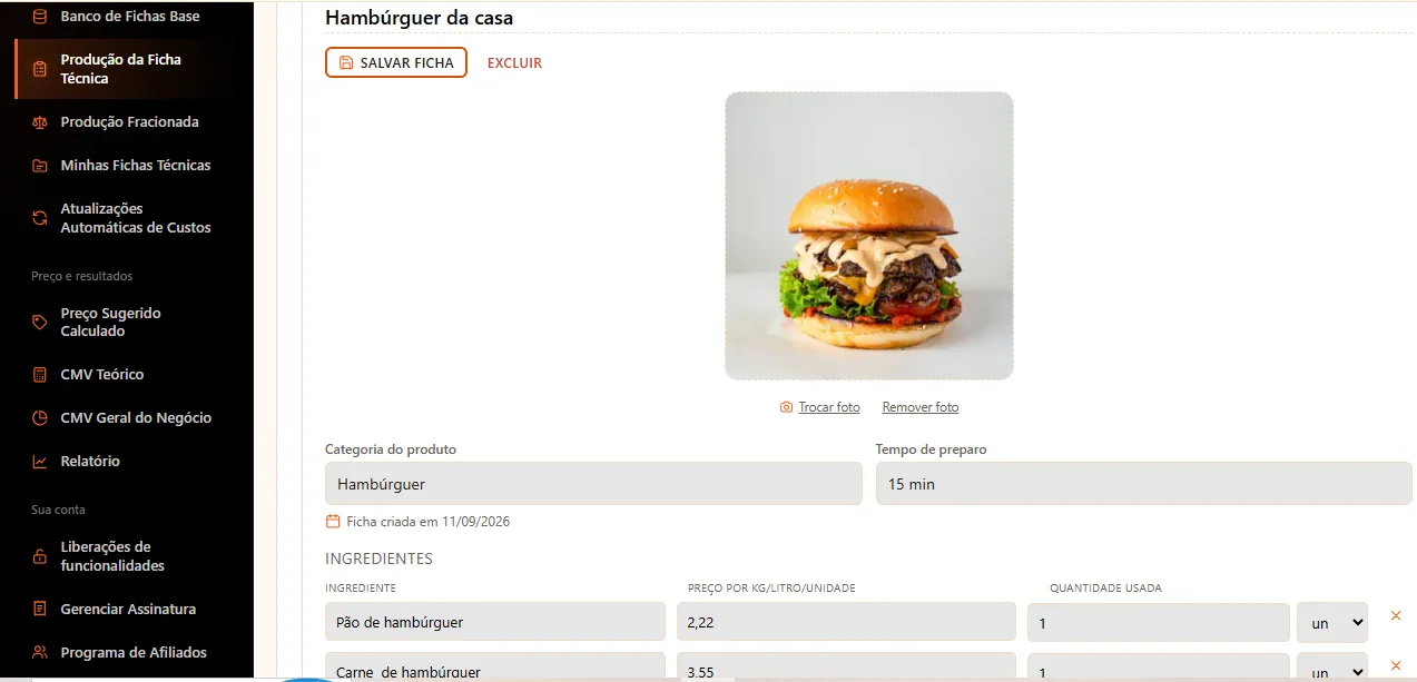 Tela de ficha técnica do ChefCONTROL com ingredientes e quantidades